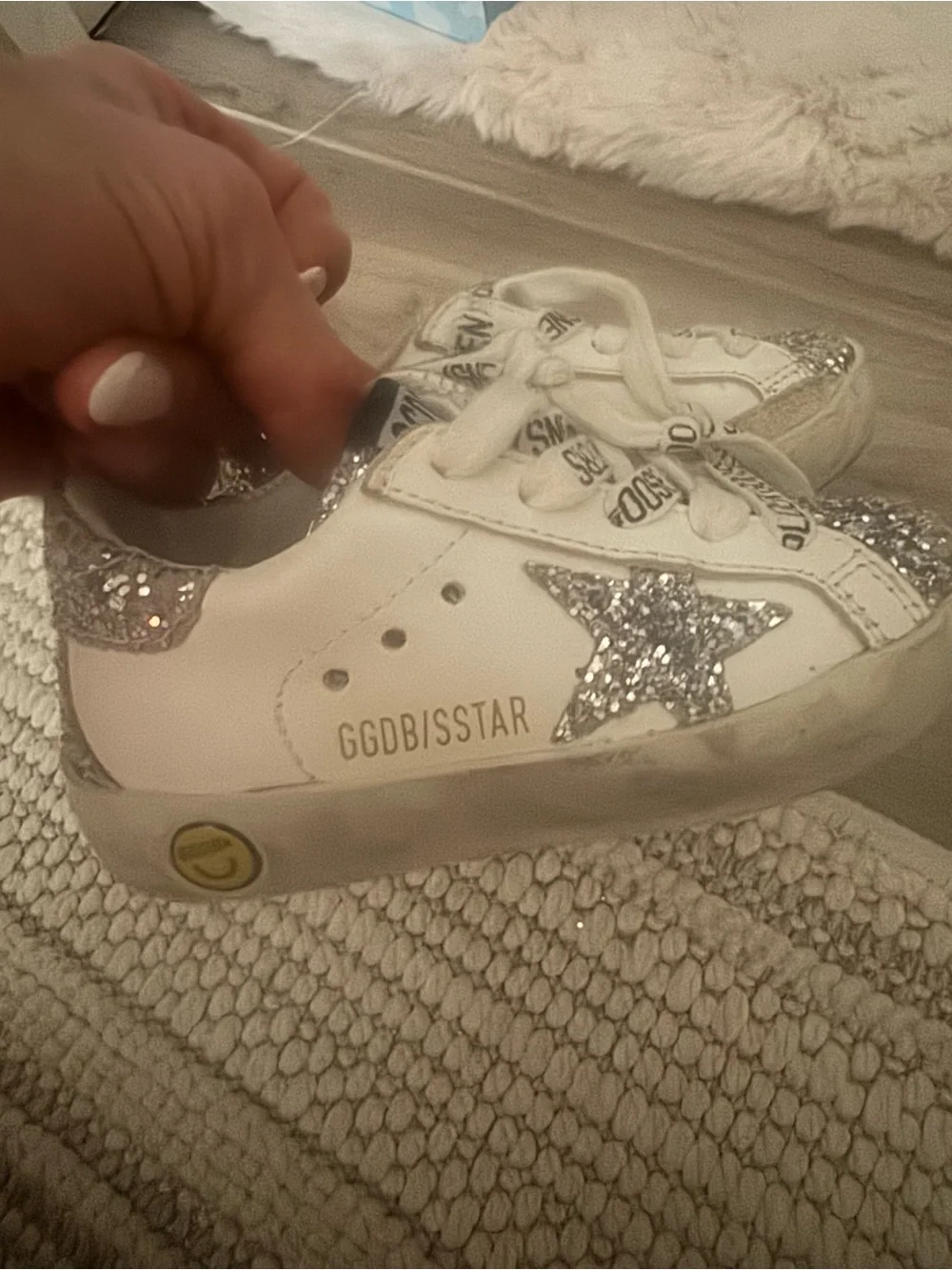 Golden Goose Kids White Sneakers with Silver Glitter Star and Toe